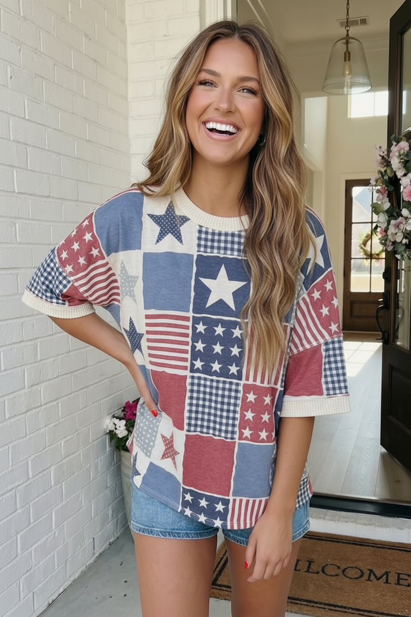 Stars and Stripes Patchwork Oversized Short Sleeve Top