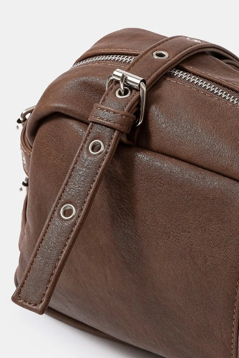 Multi Grommet Belt Strap Rustic Rectangular Hand Bag in Taupe