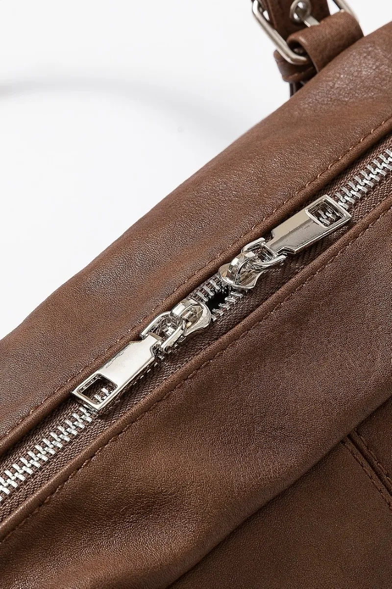 Multi Grommet Belt Strap Rustic Rectangular Hand Bag in Taupe