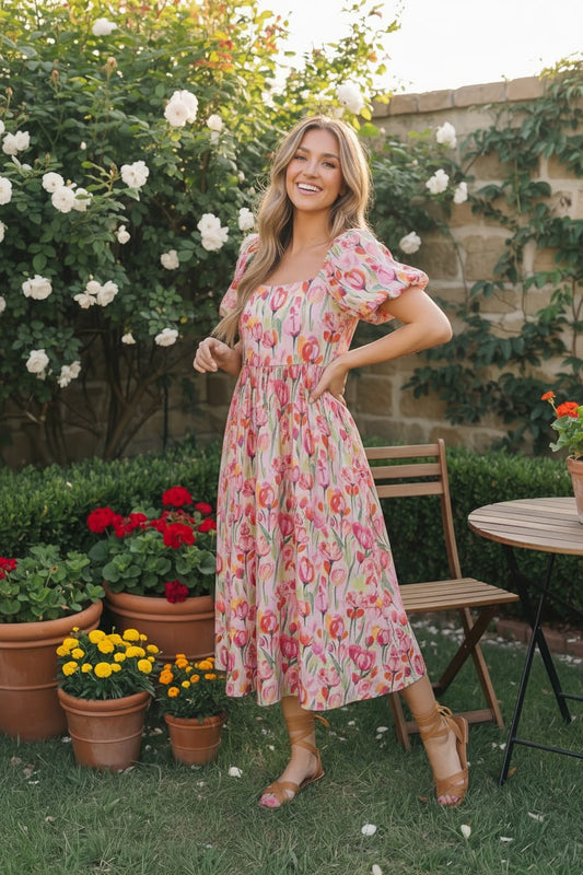 Woman in a floral dress standing in a garden with potted plants and a stone wall.