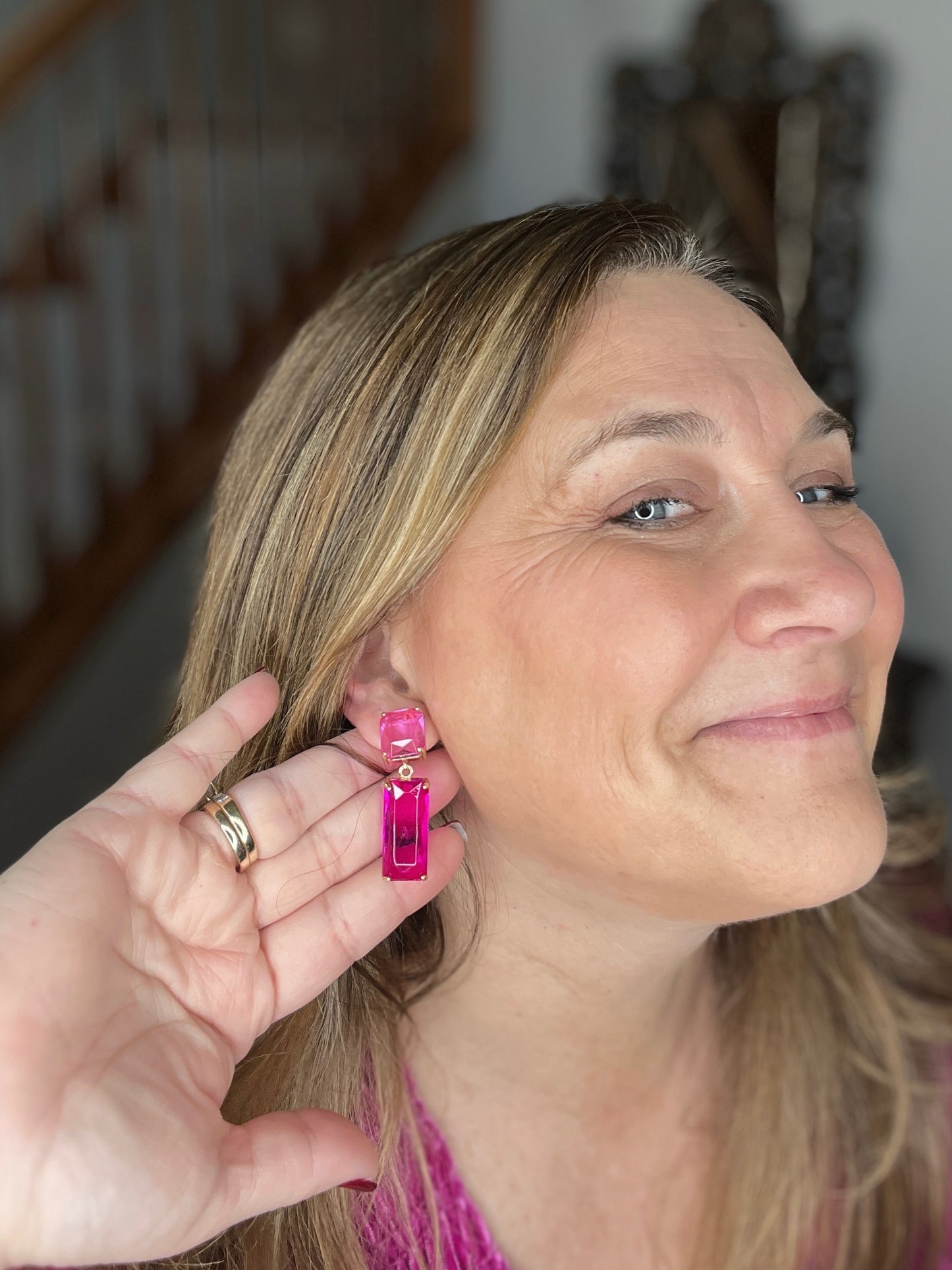 Sparkly Spirit Rectangle Crystal Earrings in Pink