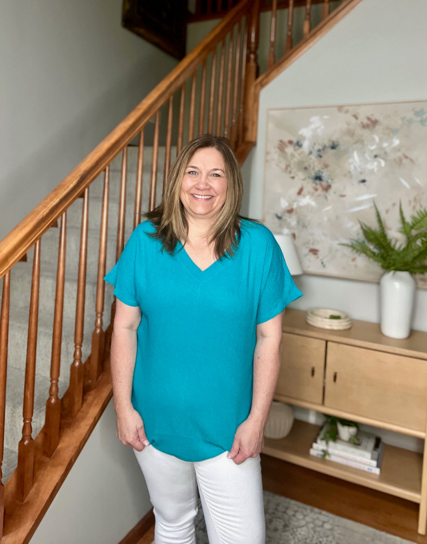 Trial and Error Textured V-Neck Blouse in Teal