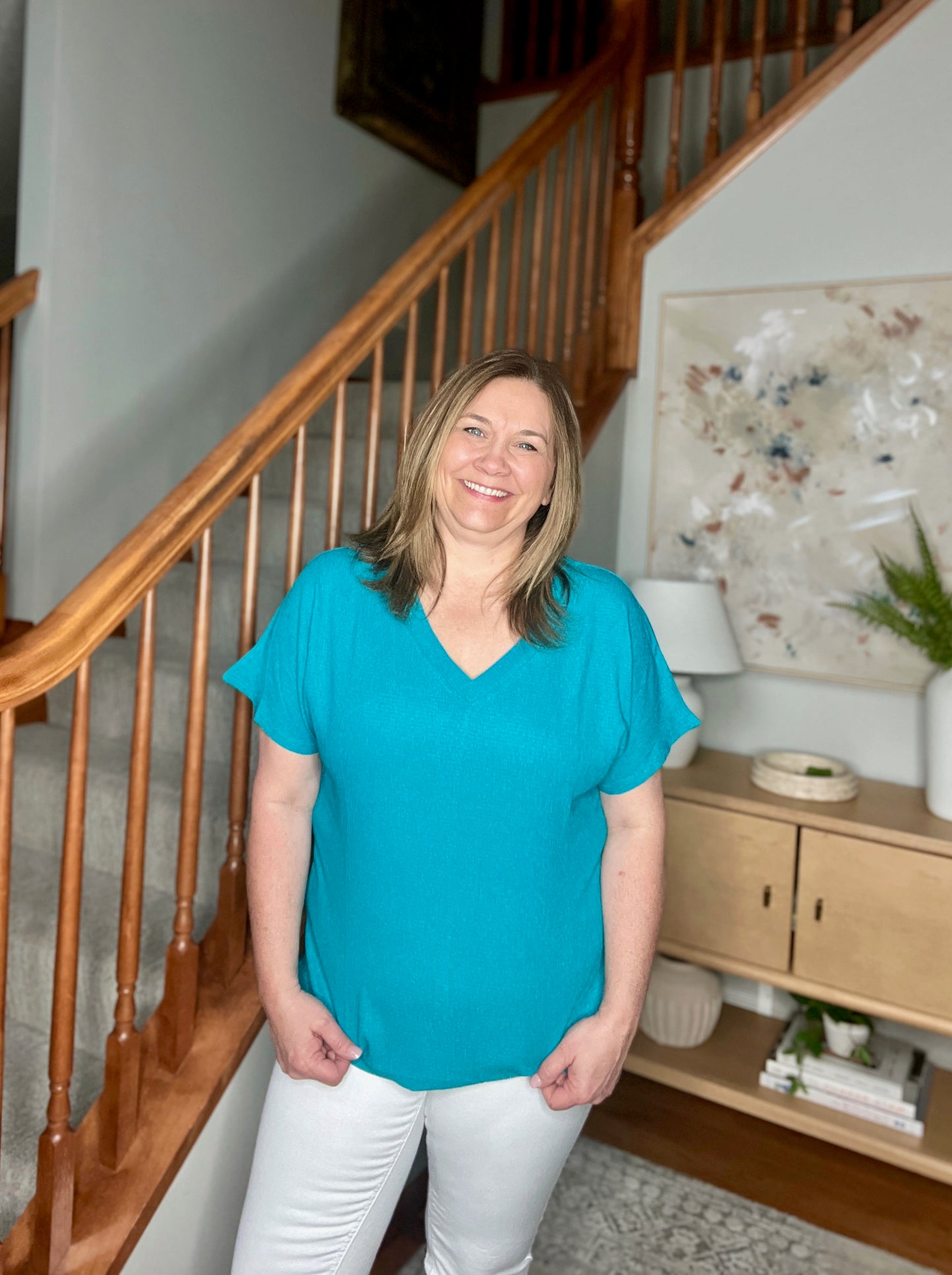 Trial and Error Textured V-Neck Blouse in Teal