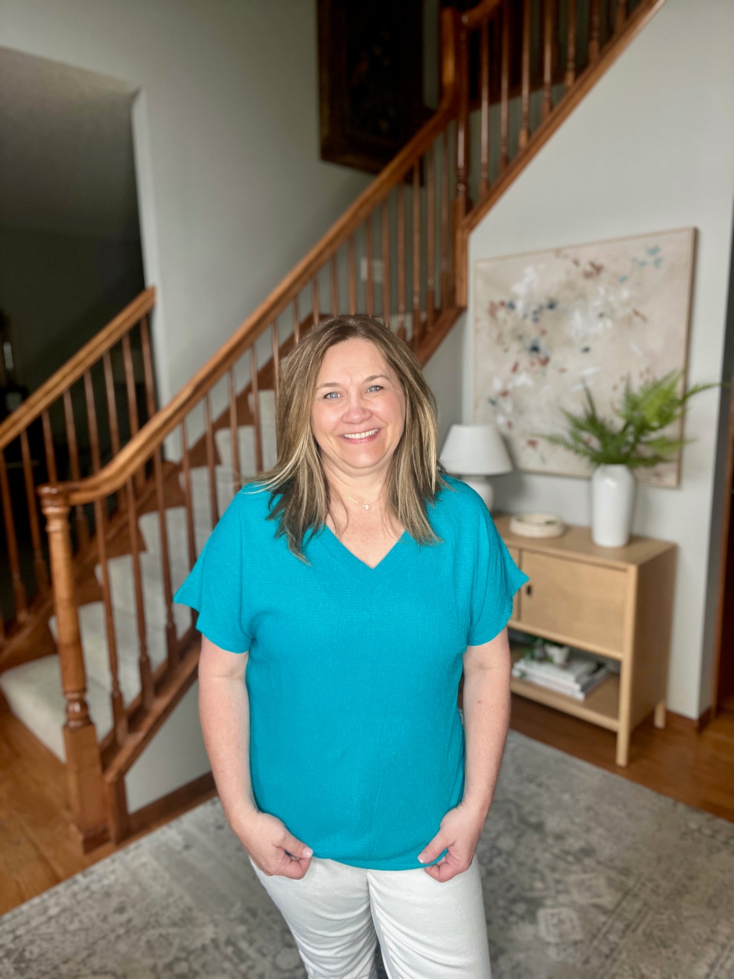 Trial and Error Textured V-Neck Blouse in Teal