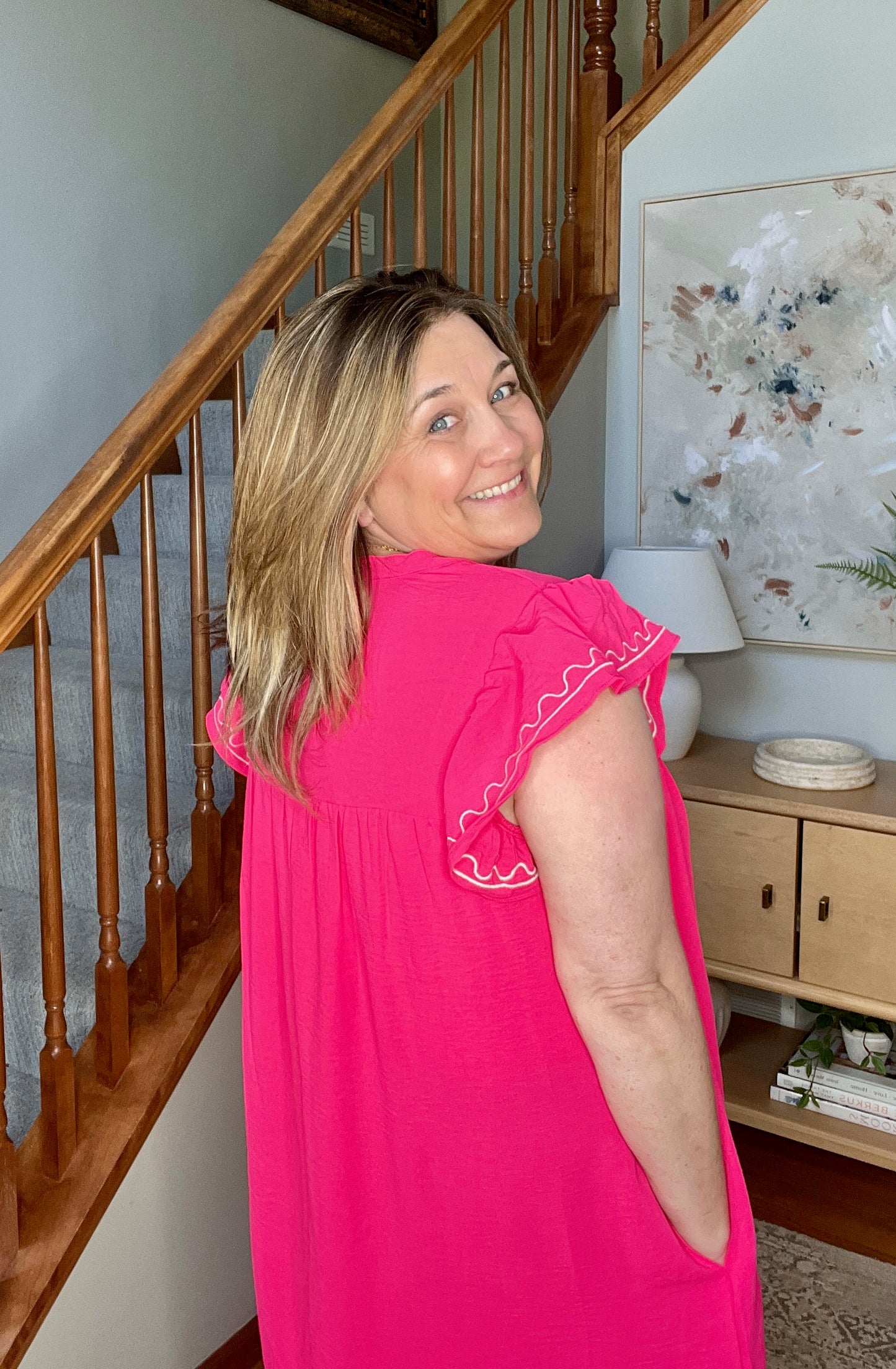 Carnival Flutter Sleeve Dress In Hot Pink