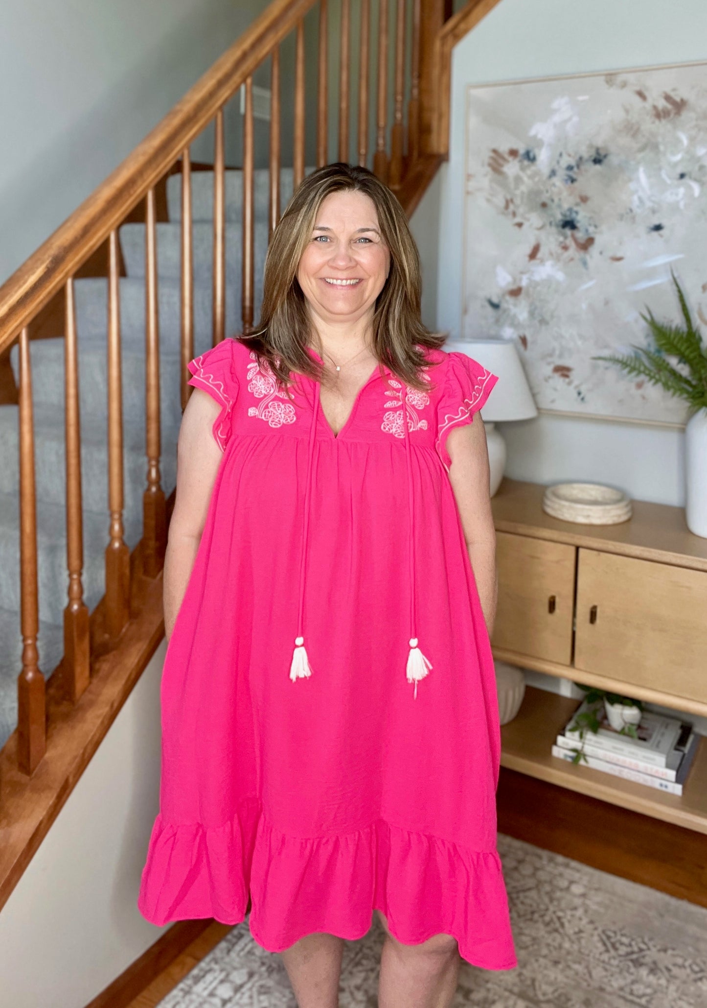 Carnival Flutter Sleeve Dress In Hot Pink