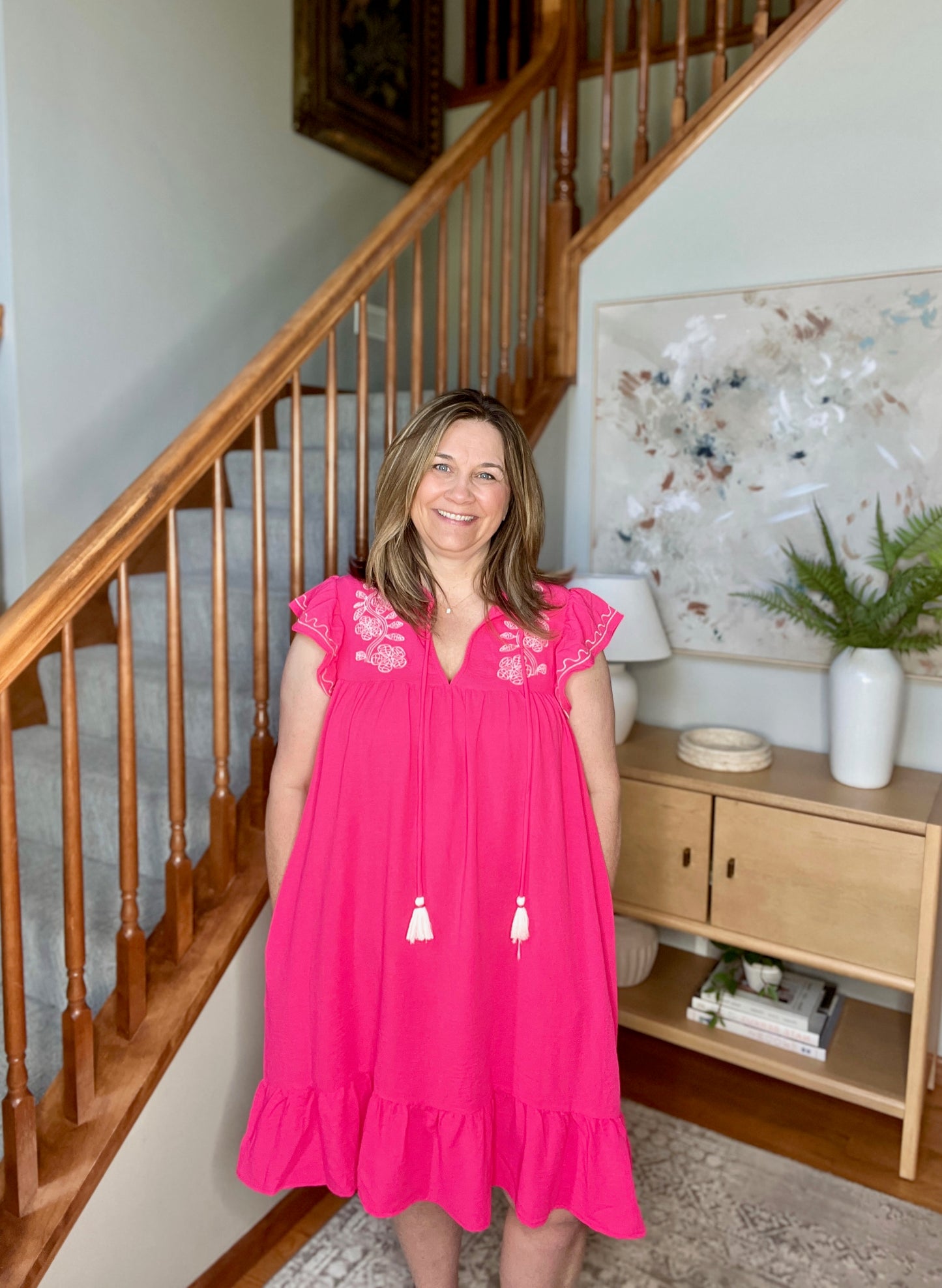 Carnival Flutter Sleeve Dress In Hot Pink