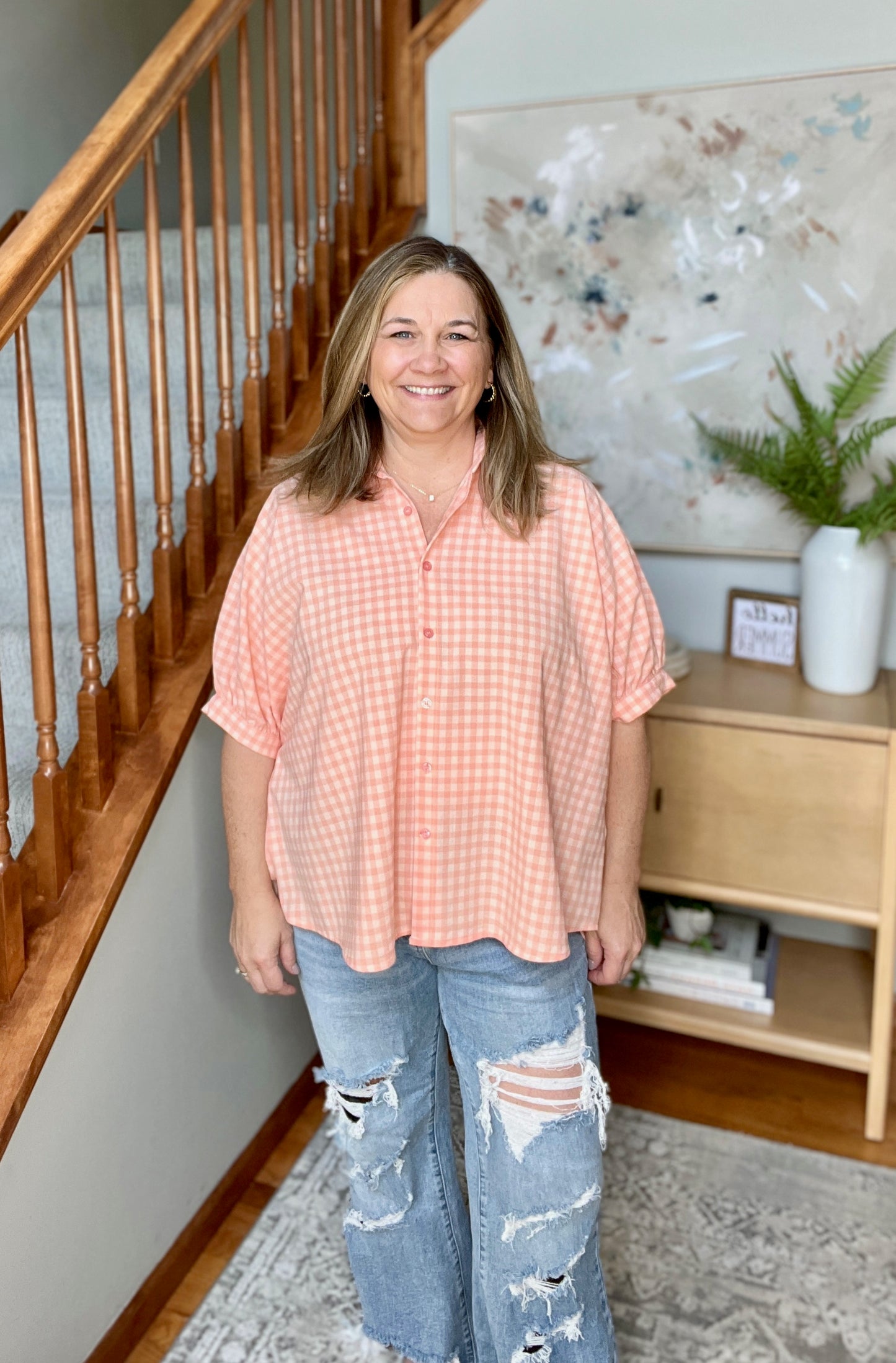 Plaid Button Up Dolman Sleeve Shirt