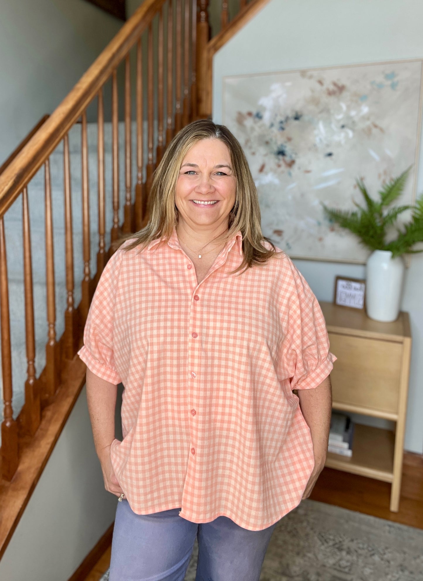 Plaid Button Up Dolman Sleeve Shirt