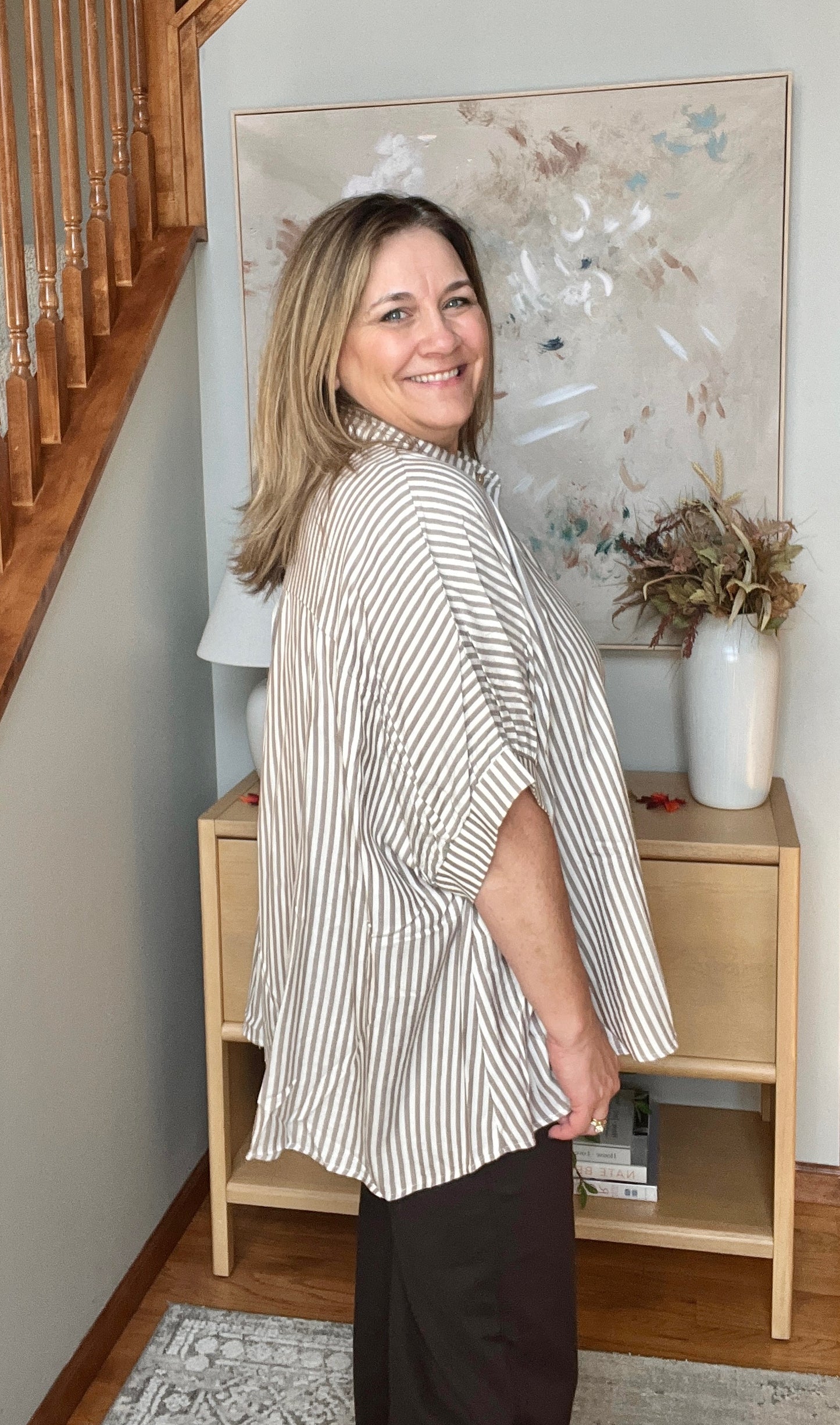Boxy Striped Button Up in Mocha