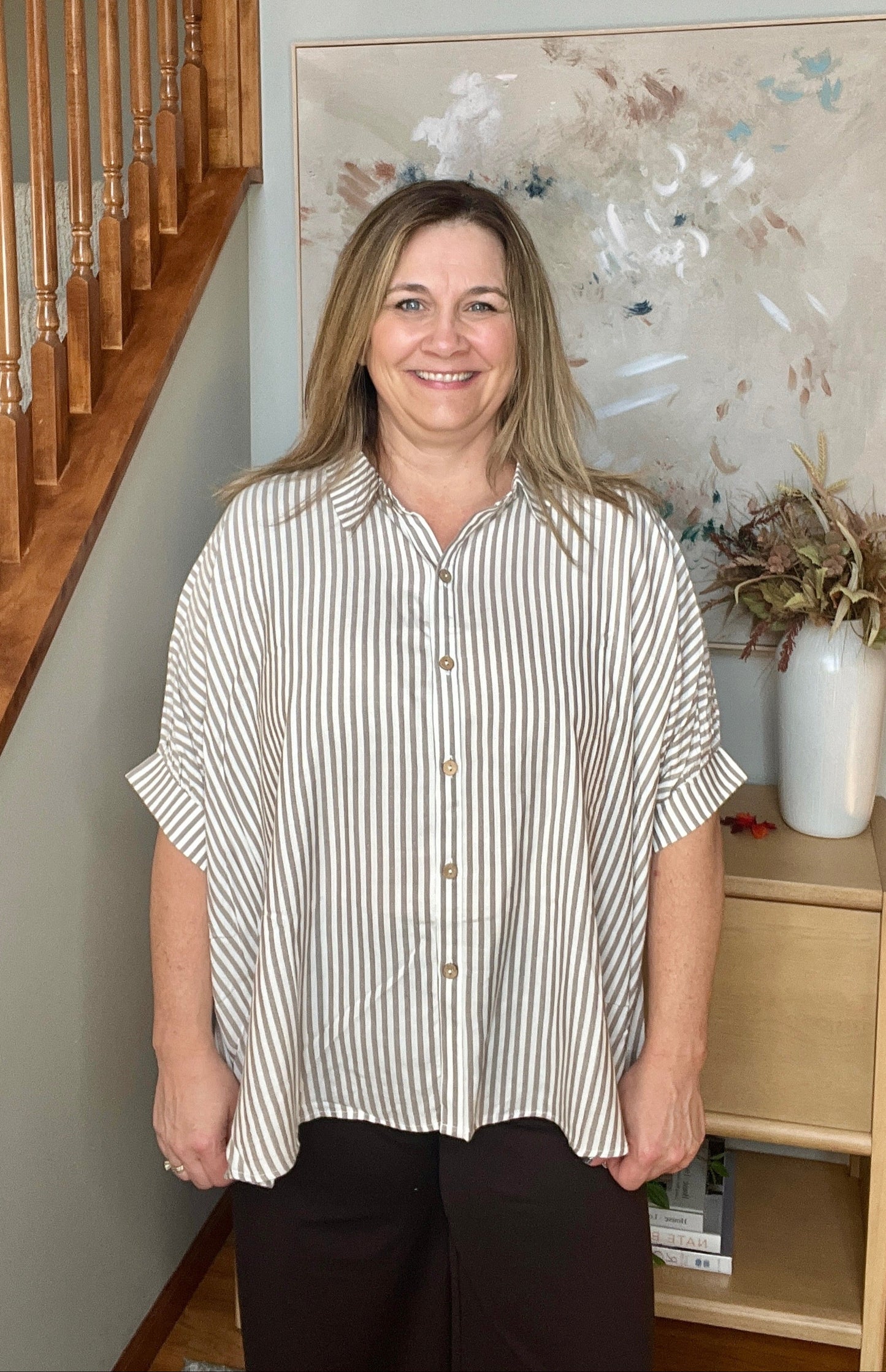 Boxy Striped Button Up in Mocha