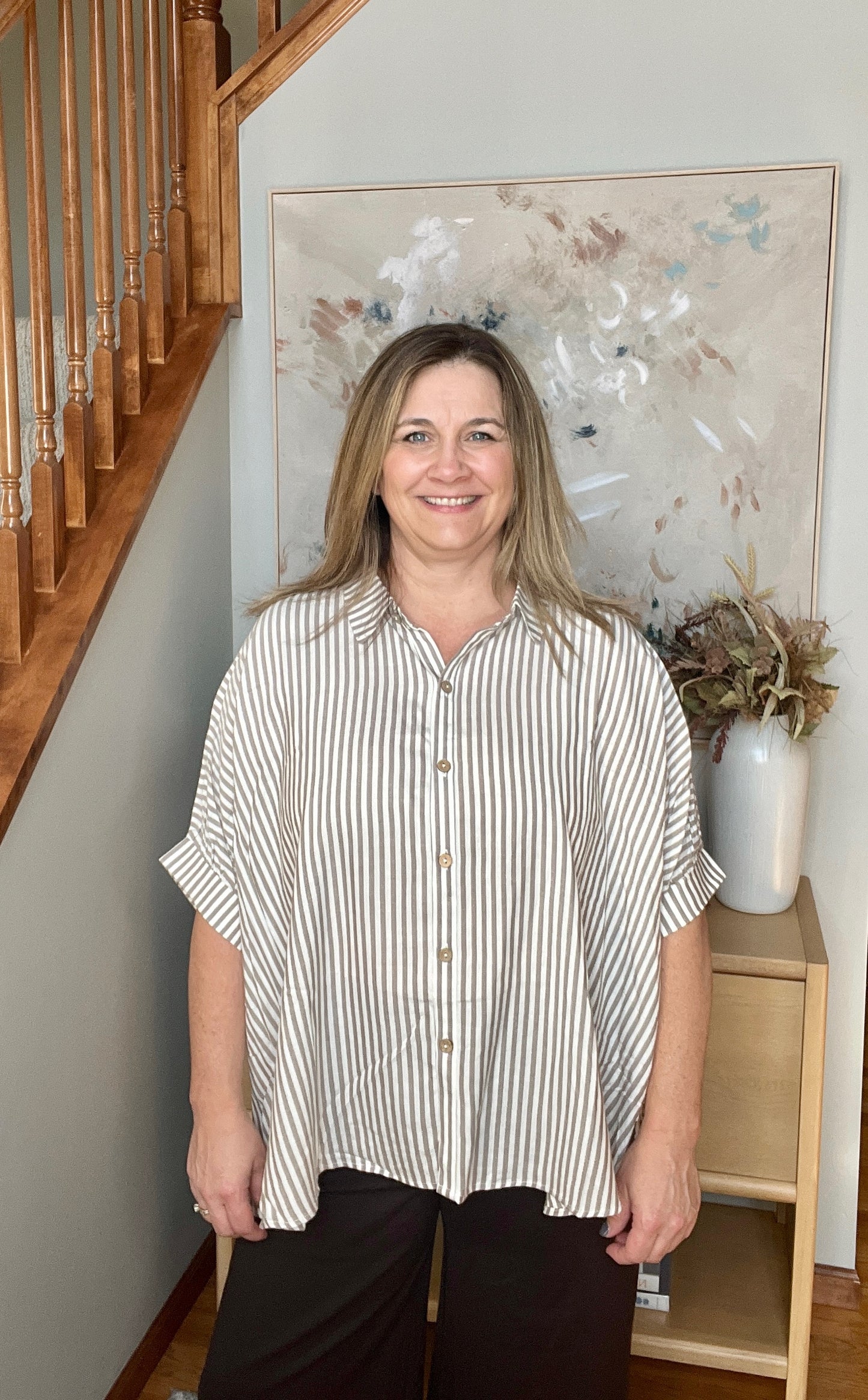 Boxy Striped Button Up in Mocha