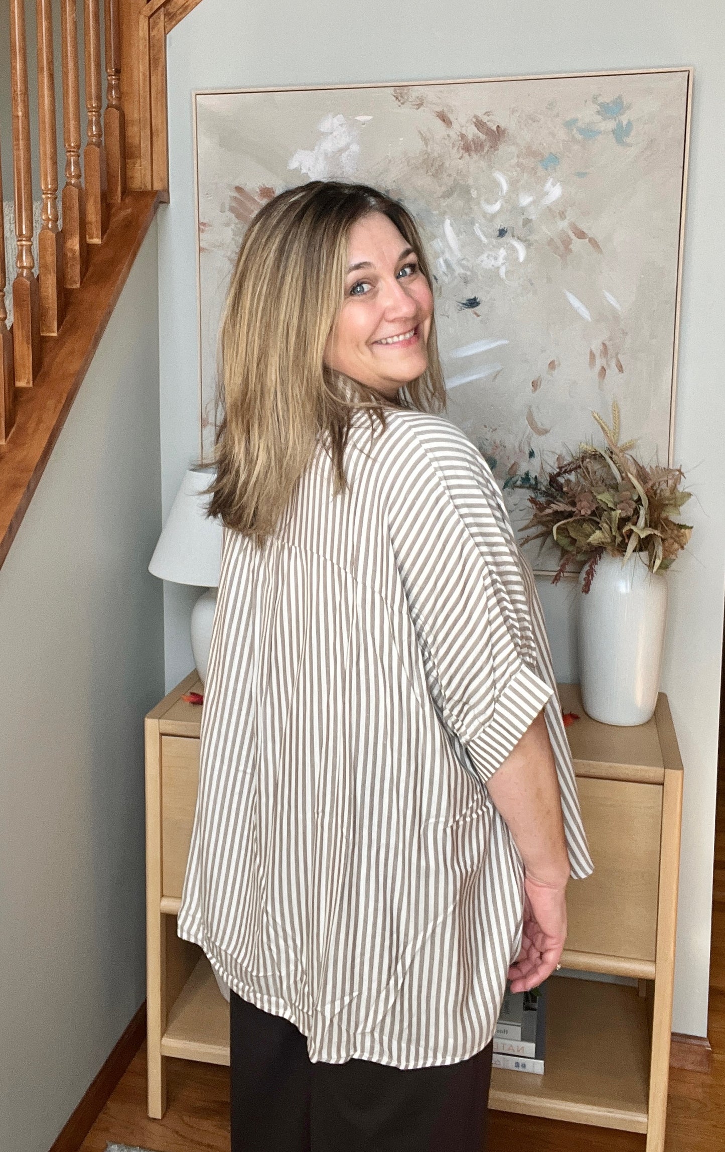 Boxy Striped Button Up in Mocha