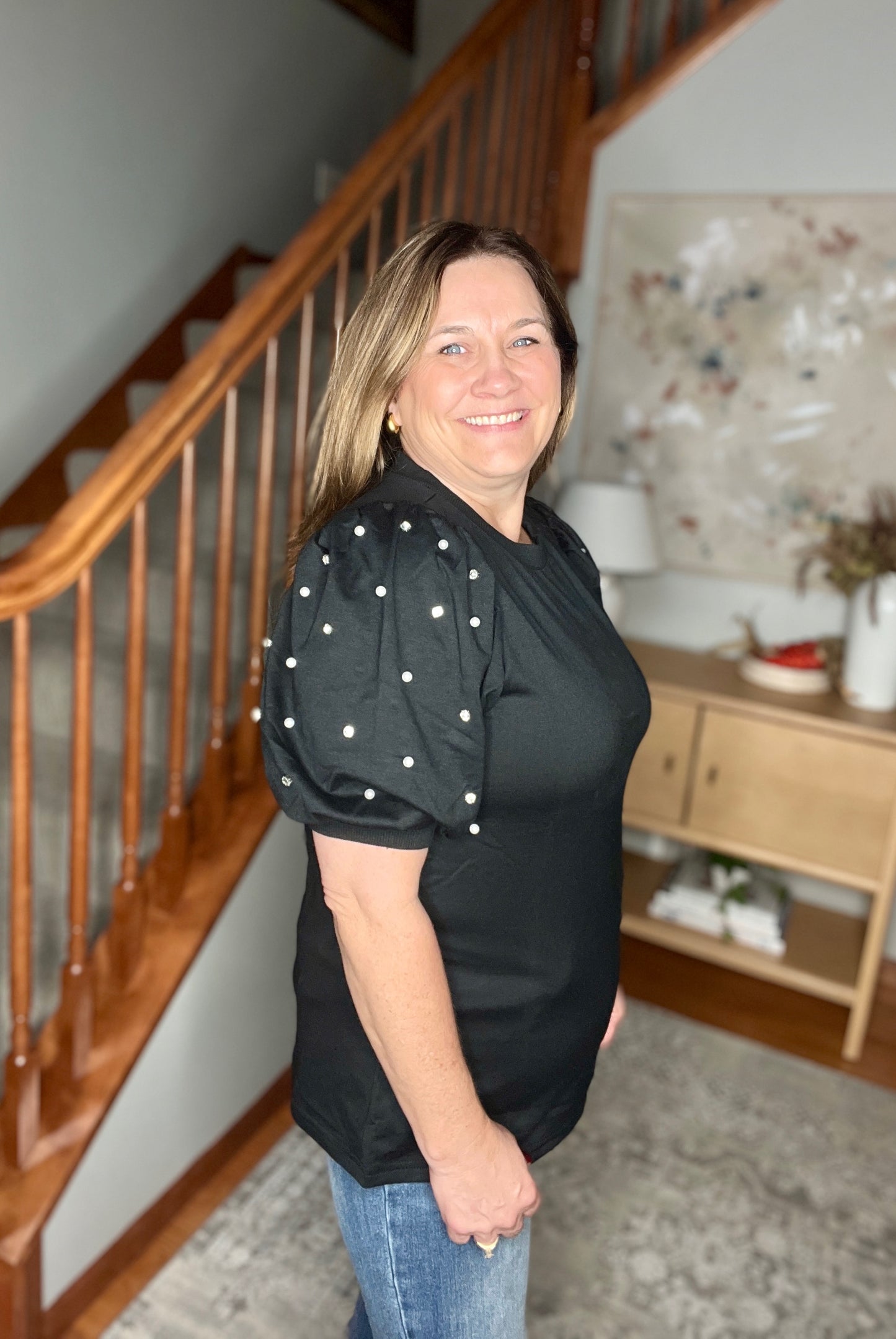 Diamonds and Pearls Puff Sleeve Top in Black