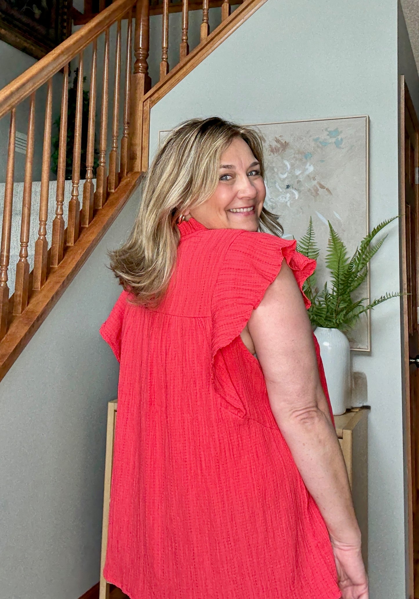 Float This Way Flutter Sleeve Blouse in Coral