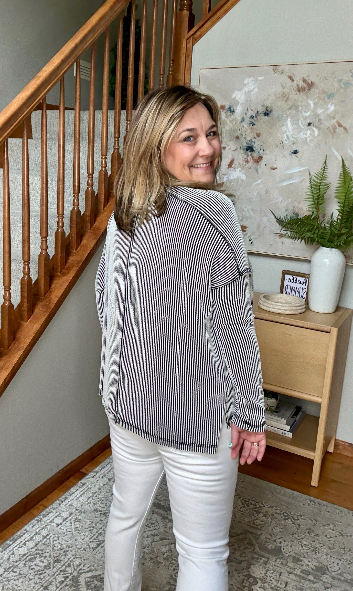 Wander & Rest Cable Ribbed Knit Drop Shoulder Top in Black/White