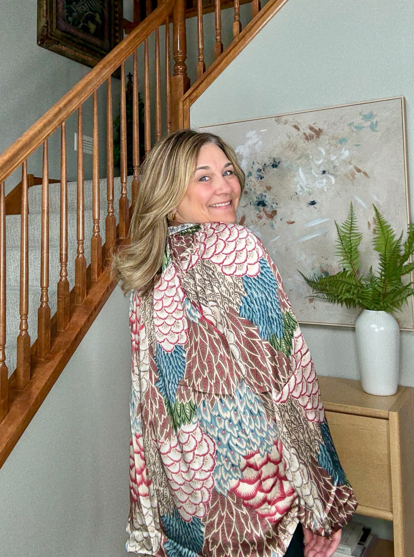 Boho Breeze Feather Print Peasant Blouse