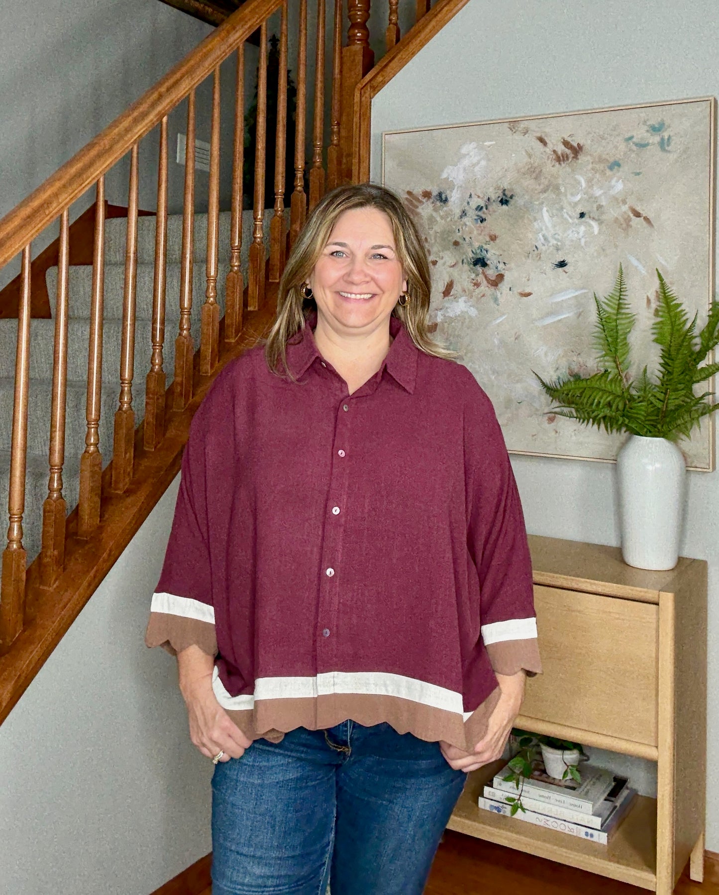 Chic Colorblock Scallop Hem Button-Down Blouse
