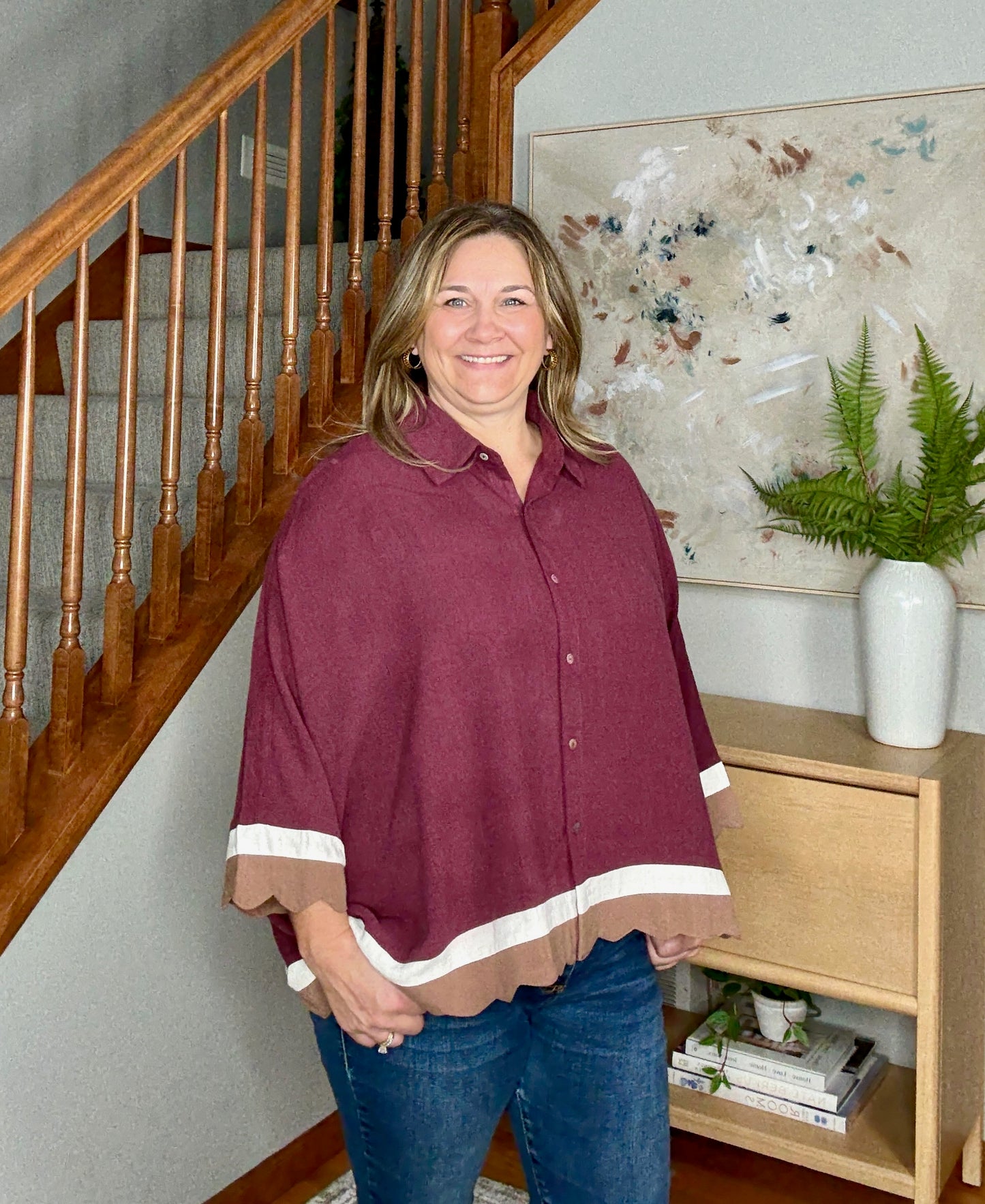 Chic Colorblock Scallop Hem Button-Down Blouse