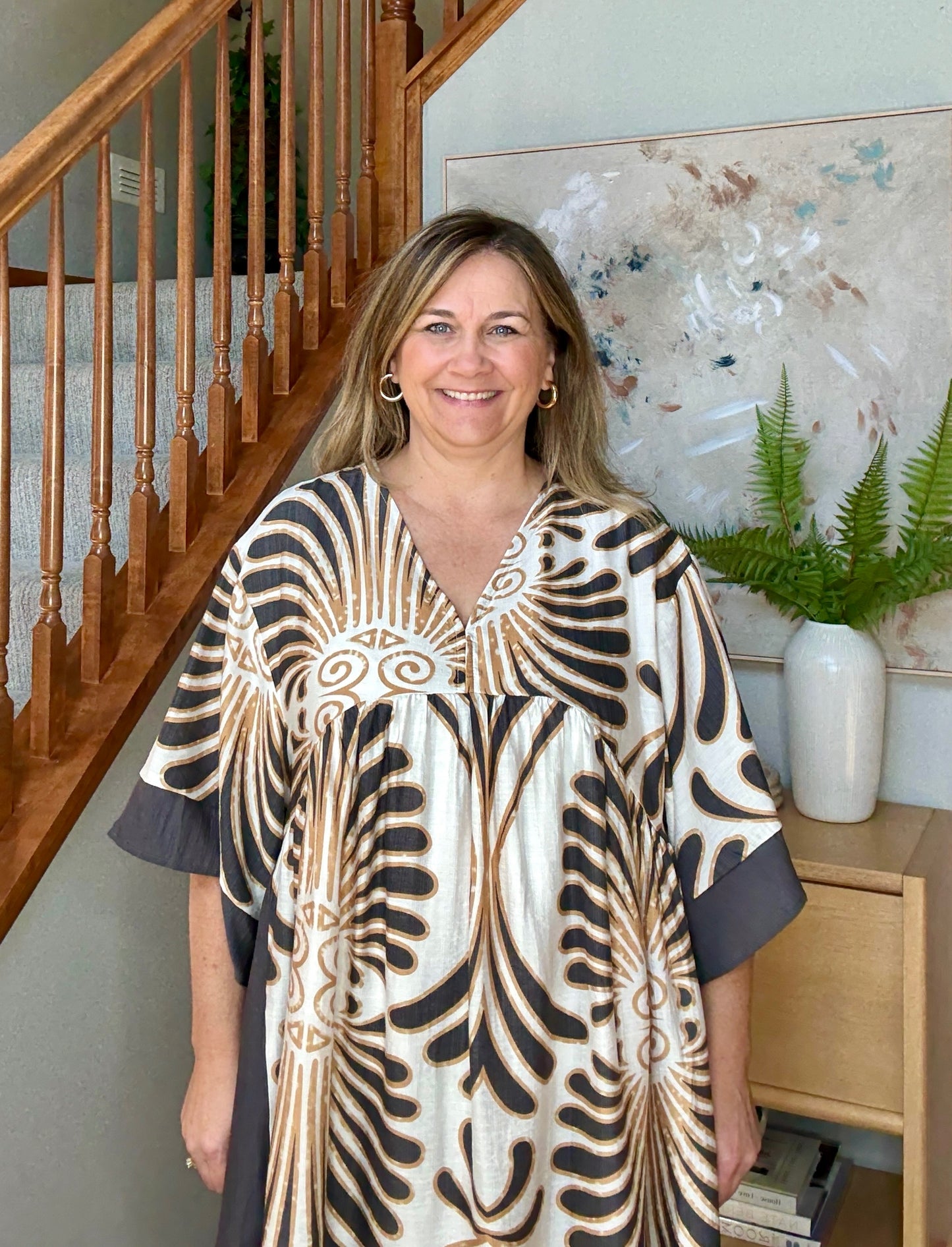 Abstract Print Kimono Sleeve Mini Dress