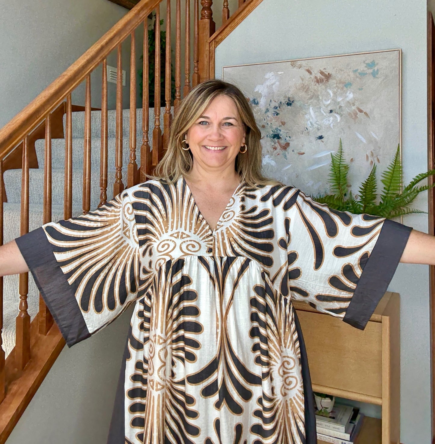Abstract Print Kimono Sleeve Mini Dress