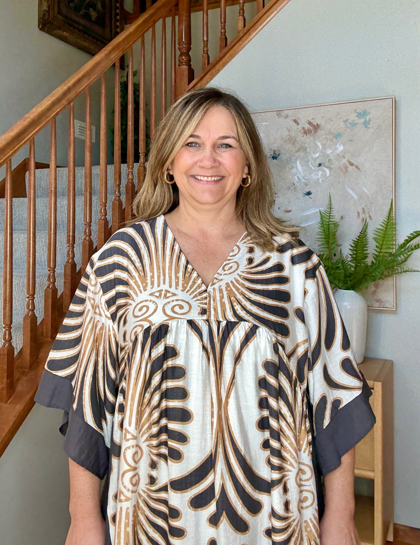 Abstract Print Kimono Sleeve Mini Dress
