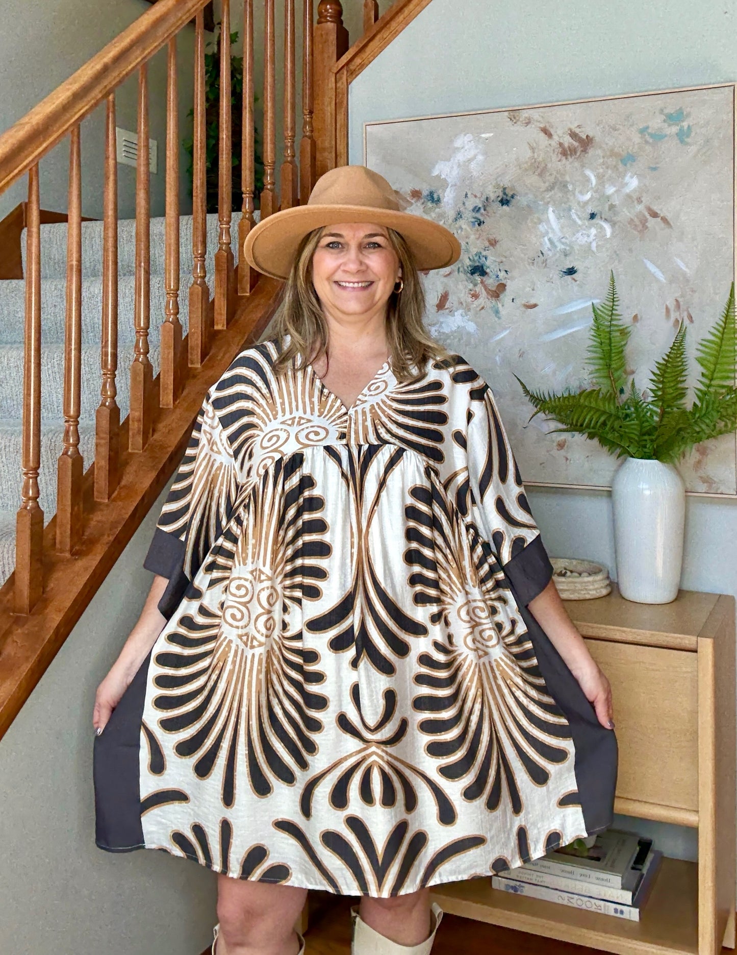 Abstract Print Kimono Sleeve Mini Dress