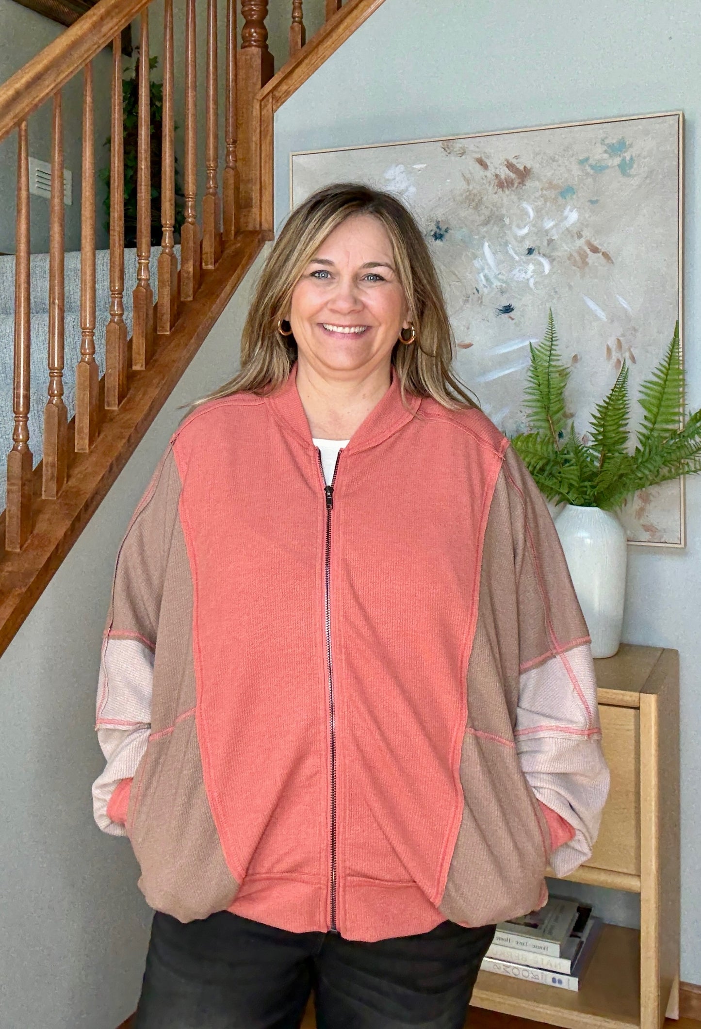 Boldy You Camel Dolman Sleeve Colorblock Knit Zip-Up Jacket