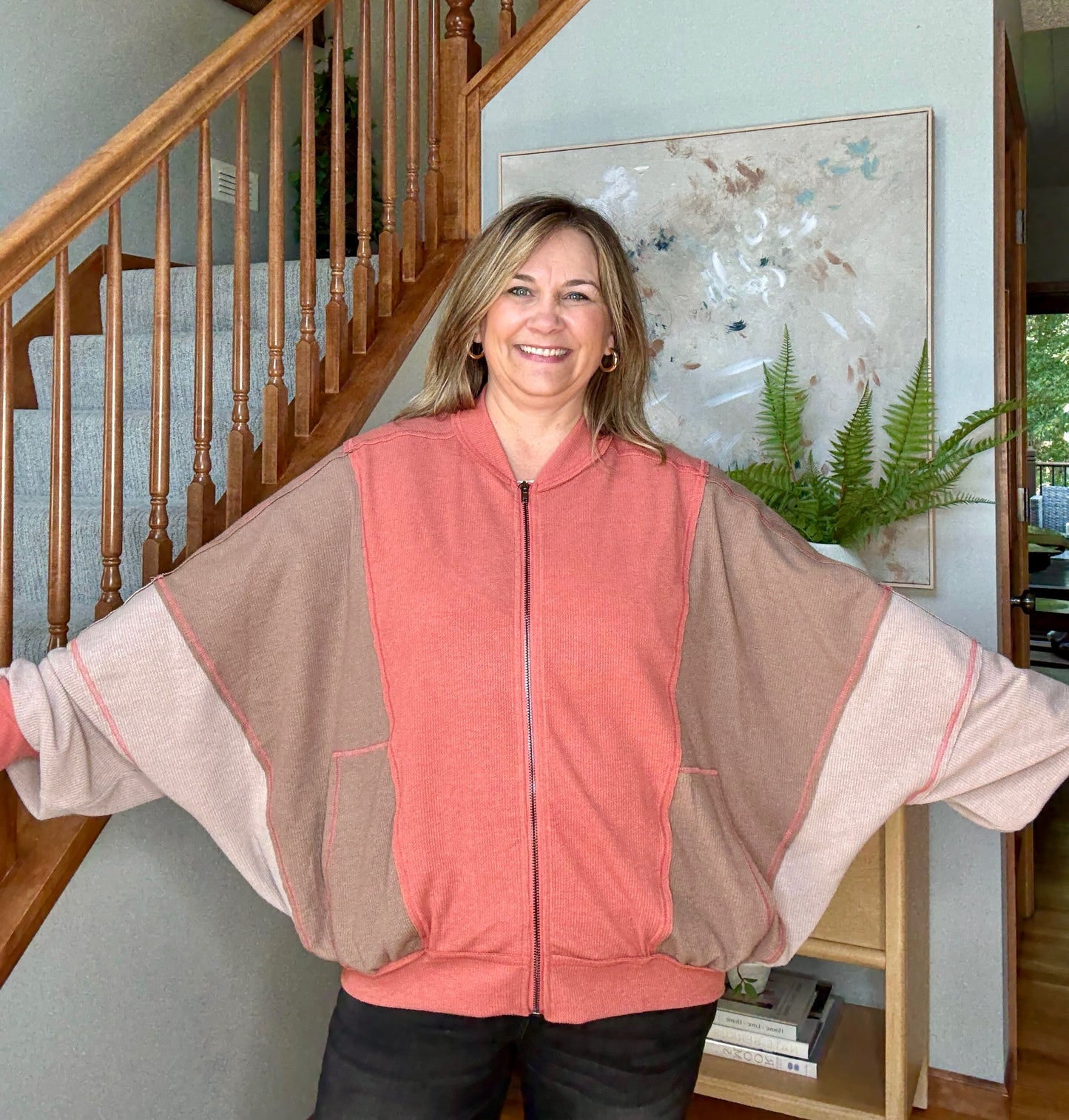 Boldy You Camel Dolman Sleeve Colorblock Knit Zip-Up Jacket