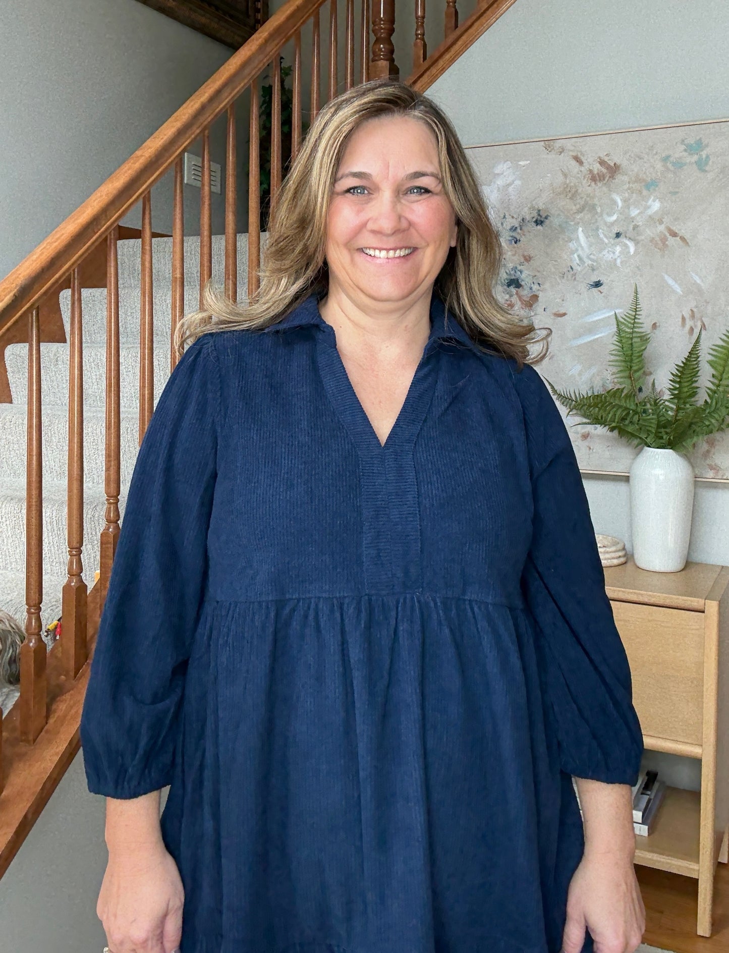 Navy Days Tiered Corduroy Mini Dress with Balloon Sleeves