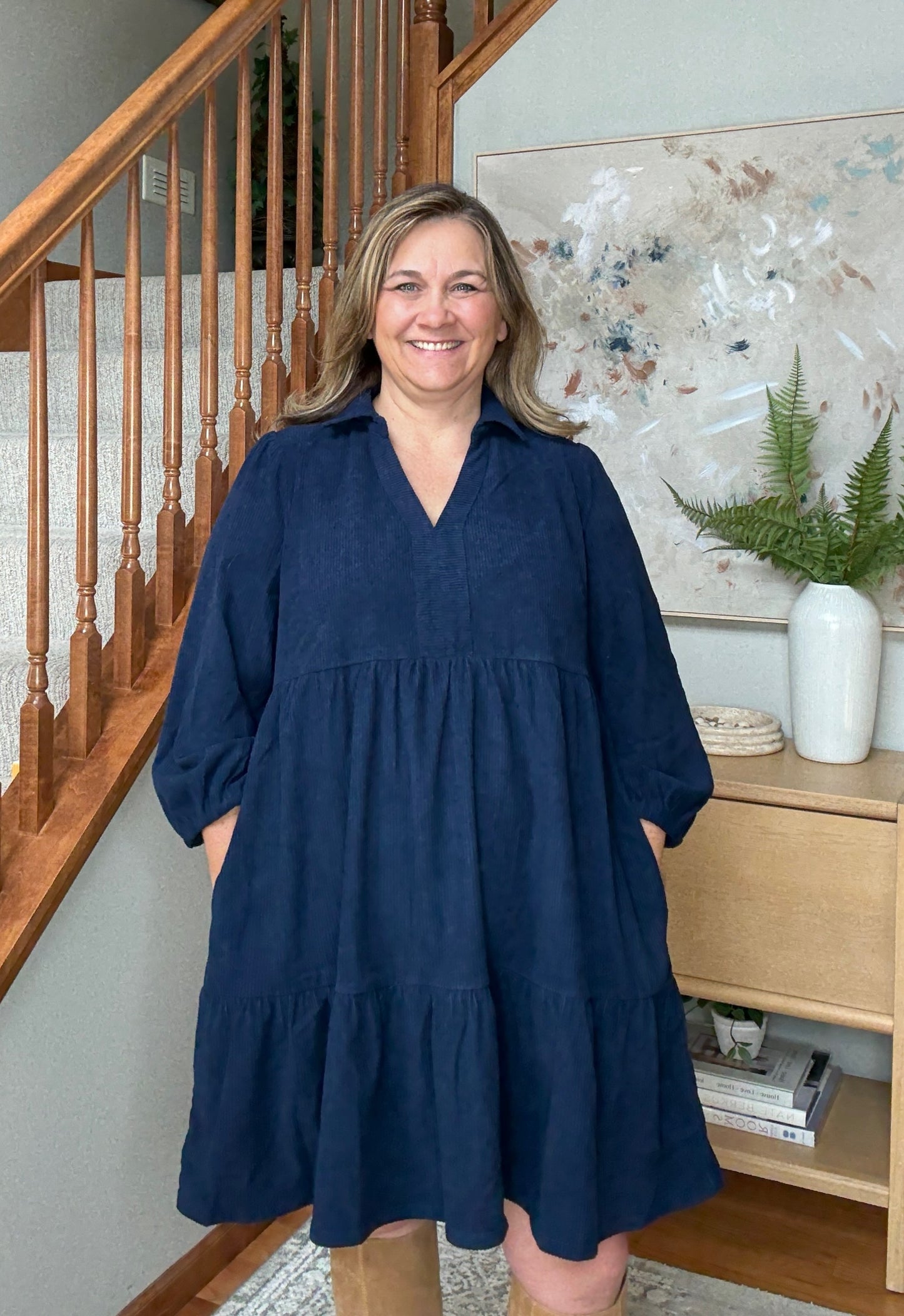 Navy Days Tiered Corduroy Mini Dress with Balloon Sleeves