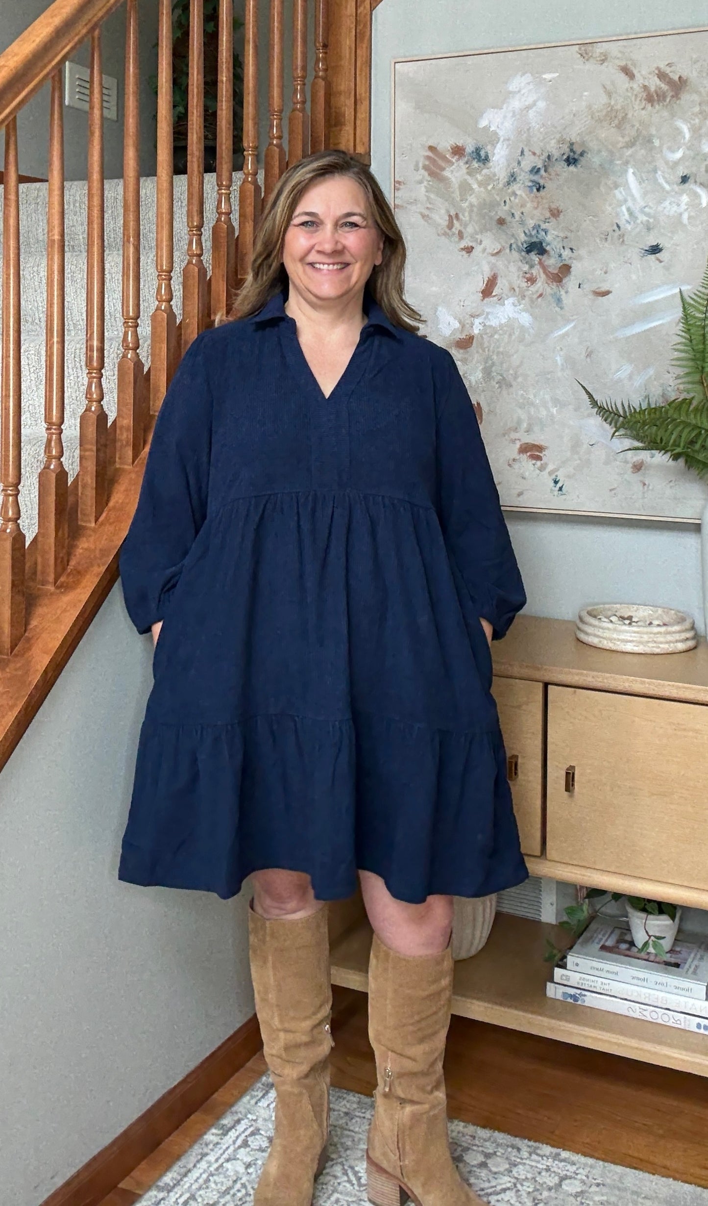 Navy Days Tiered Corduroy Mini Dress with Balloon Sleeves