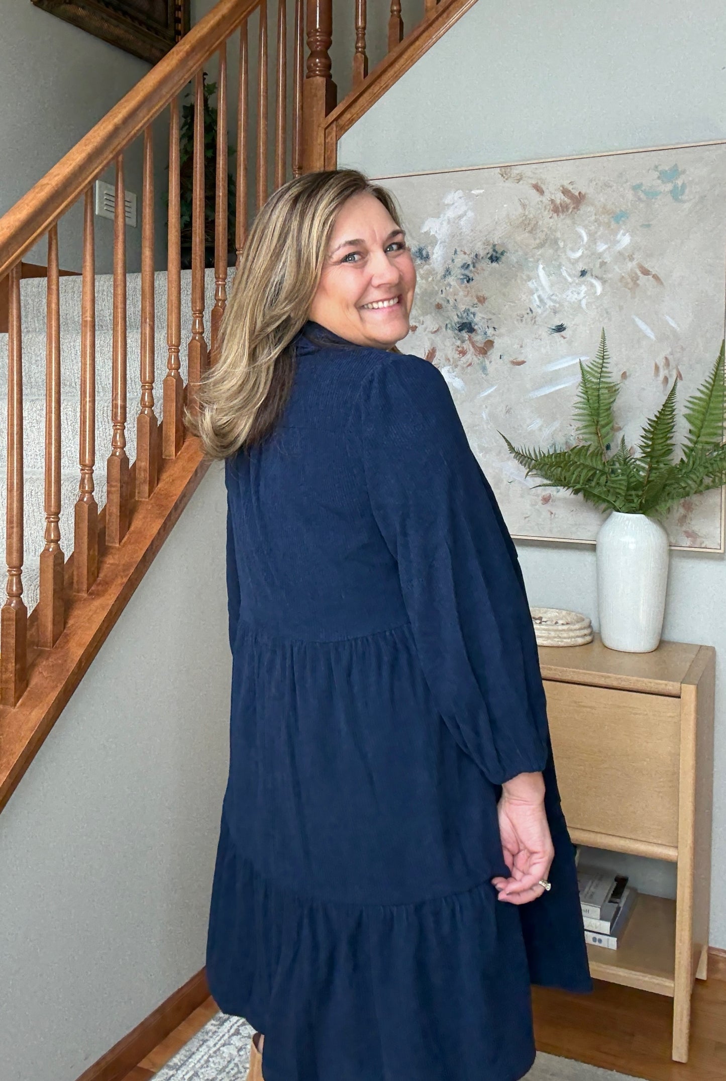 Navy Days Tiered Corduroy Mini Dress with Balloon Sleeves