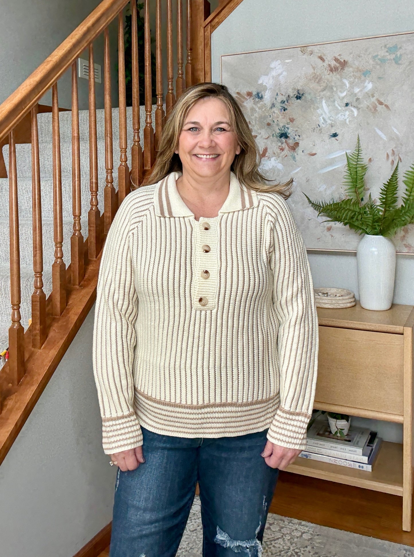 Hallie Half Button Ribbed Two Tone Knit Sweater