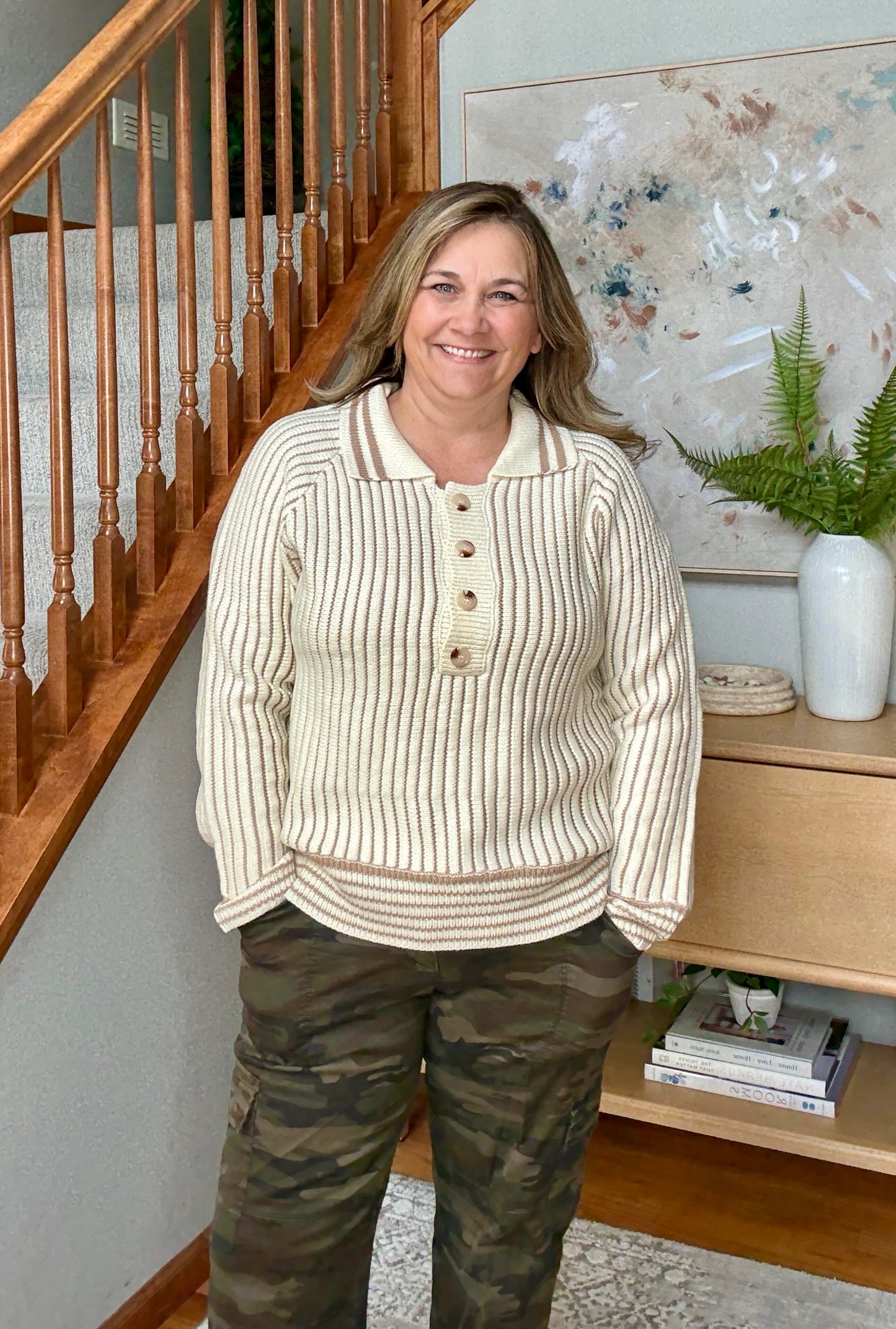 Hallie Half Button Ribbed Two Tone Knit Sweater
