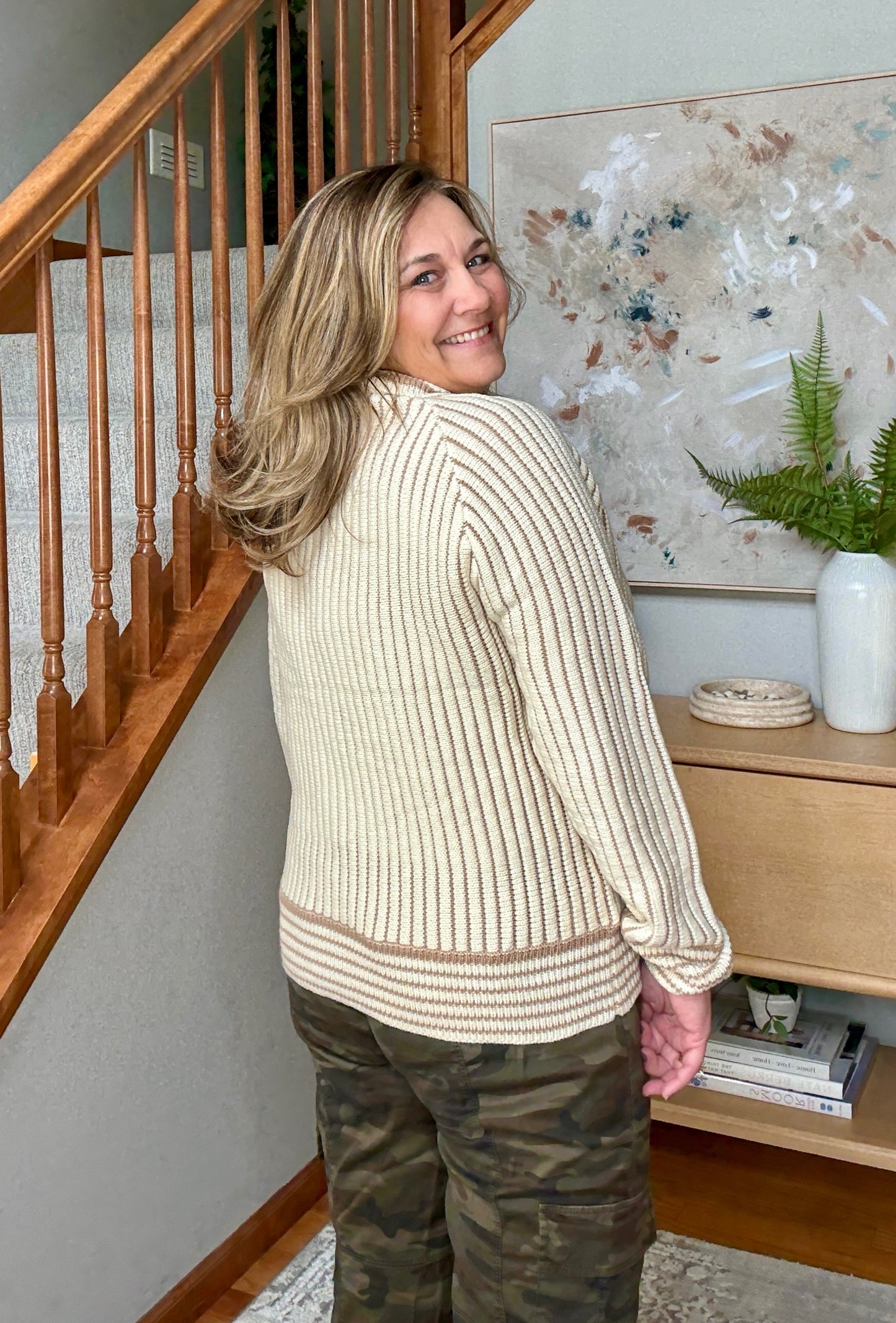 Hallie Half Button Ribbed Two Tone Knit Sweater