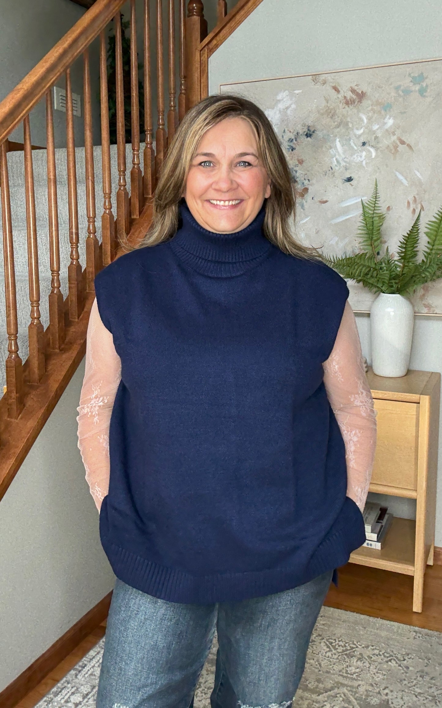 Classic High-Low Turtleneck Sleeveless Sweater Top