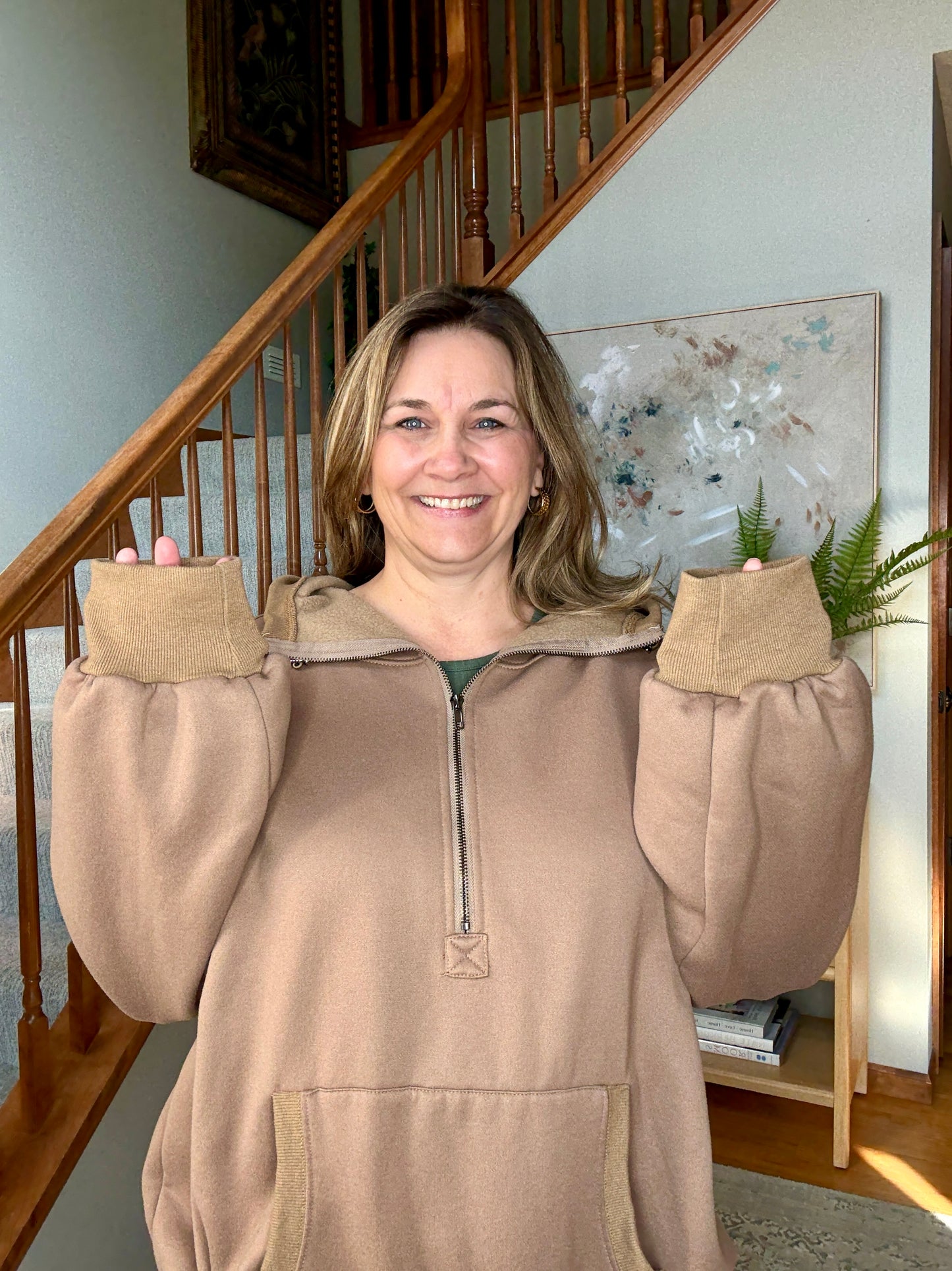 Cocoa Bliss Elastic Hem Oversized Half Zip Fleece Hoodie