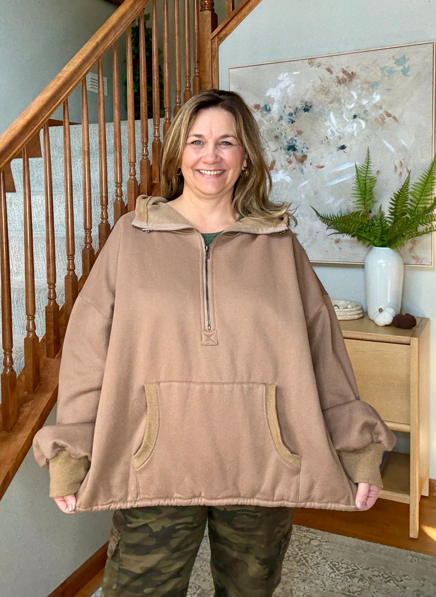Cocoa Bliss Elastic Hem Oversized Half Zip Fleece Hoodie
