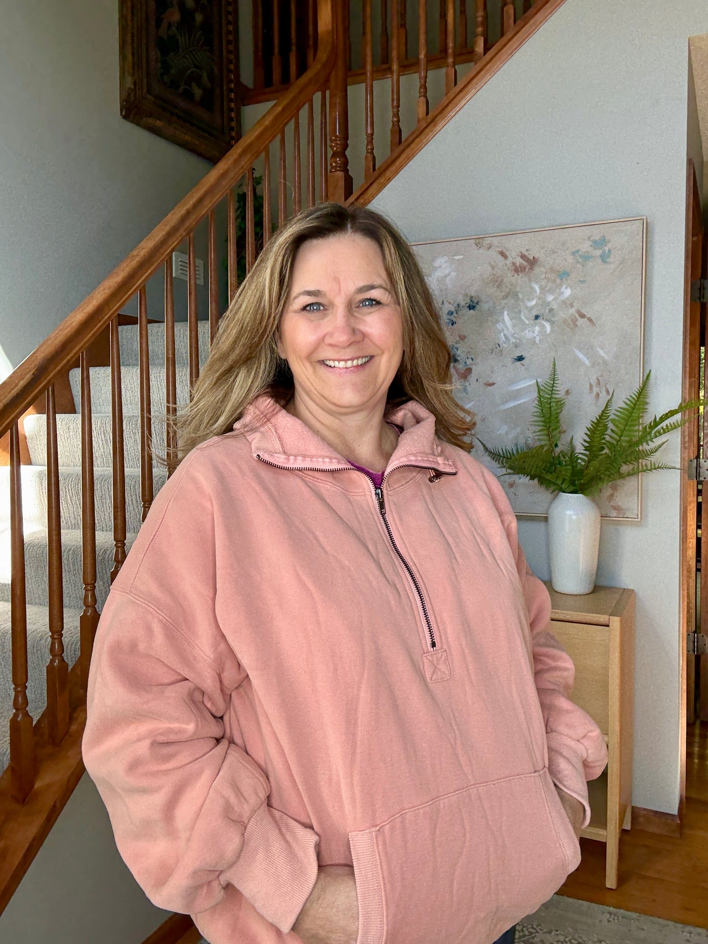 Terra Cotta Bliss Elastic Hem Oversized Half Zip Fleece Hoodie