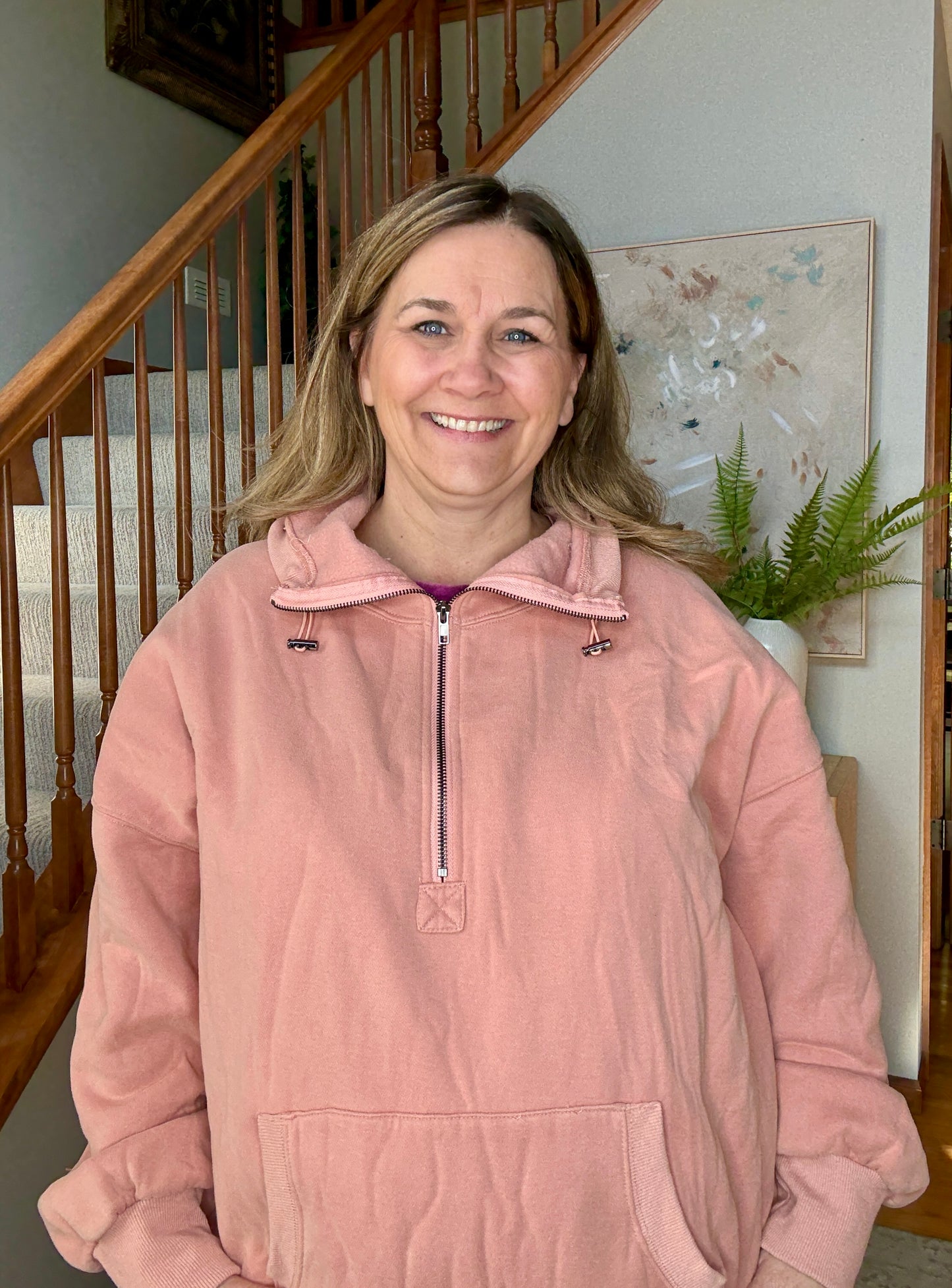 Terra Cotta Bliss Elastic Hem Oversized Half Zip Fleece Hoodie