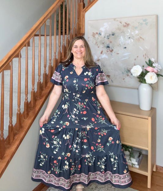 At the Summer Cottage Navy Floral Midi Dress