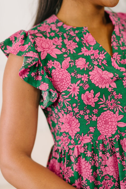 Lizzy Forever Flutter Sleeve Dress in Green and Pink Floral