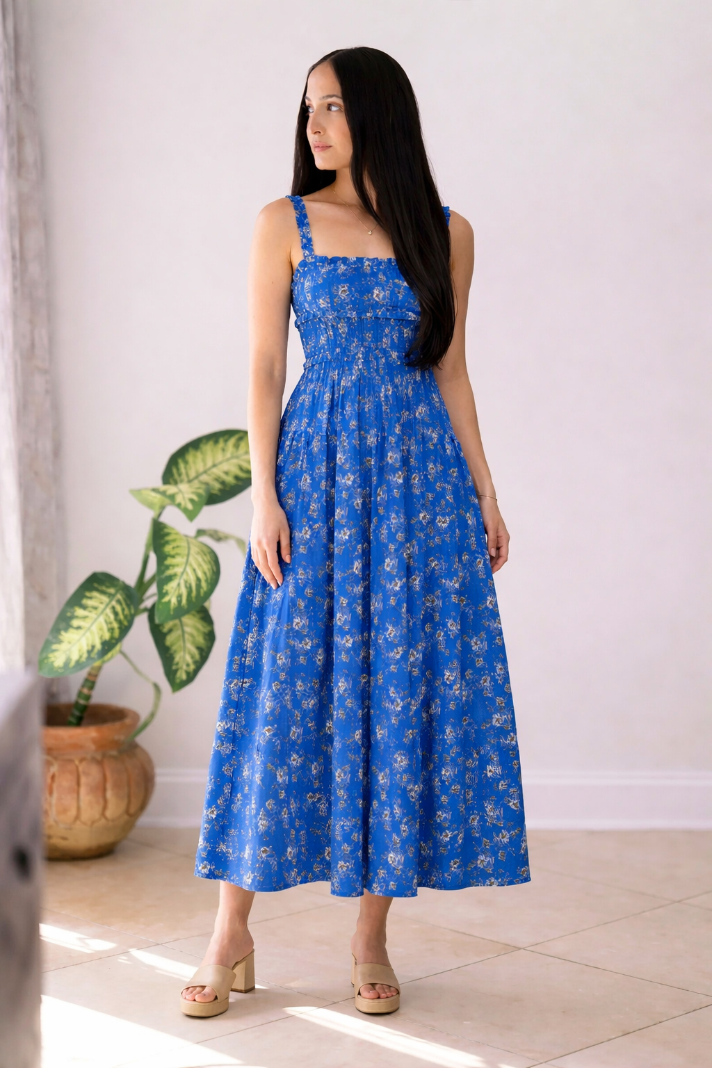 blue floral smocked dress Majestic Meadow Embrace timeless elegance with styleattribute-crepe Slip Dress W/ Deep Color:picture color