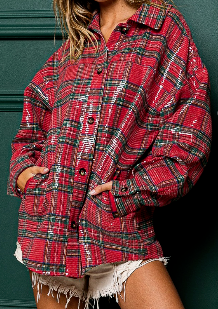 Sparkle Plaid Christmas Long Sleeve Button Up Top