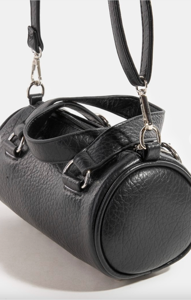 Faux Leather Buckle Strap Cylinder Hand Bag in Red