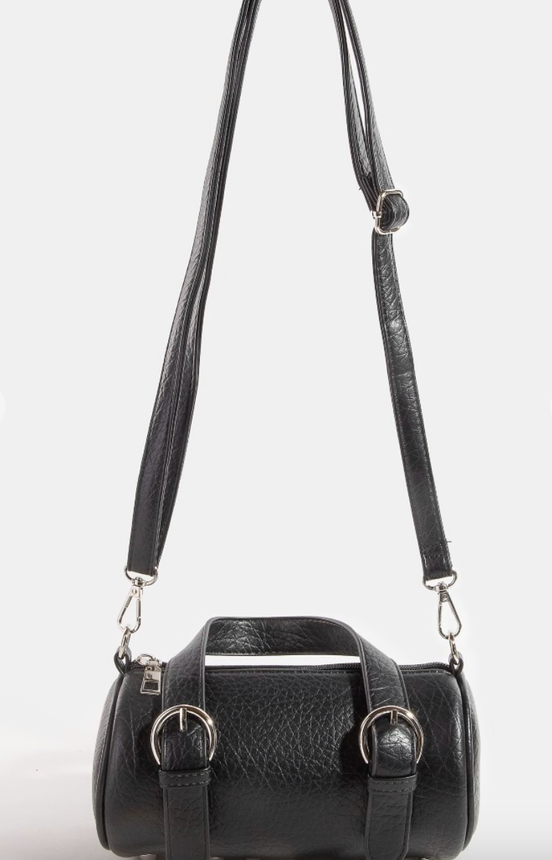 Faux Leather Buckle Strap Cylinder Hand Bag in Red