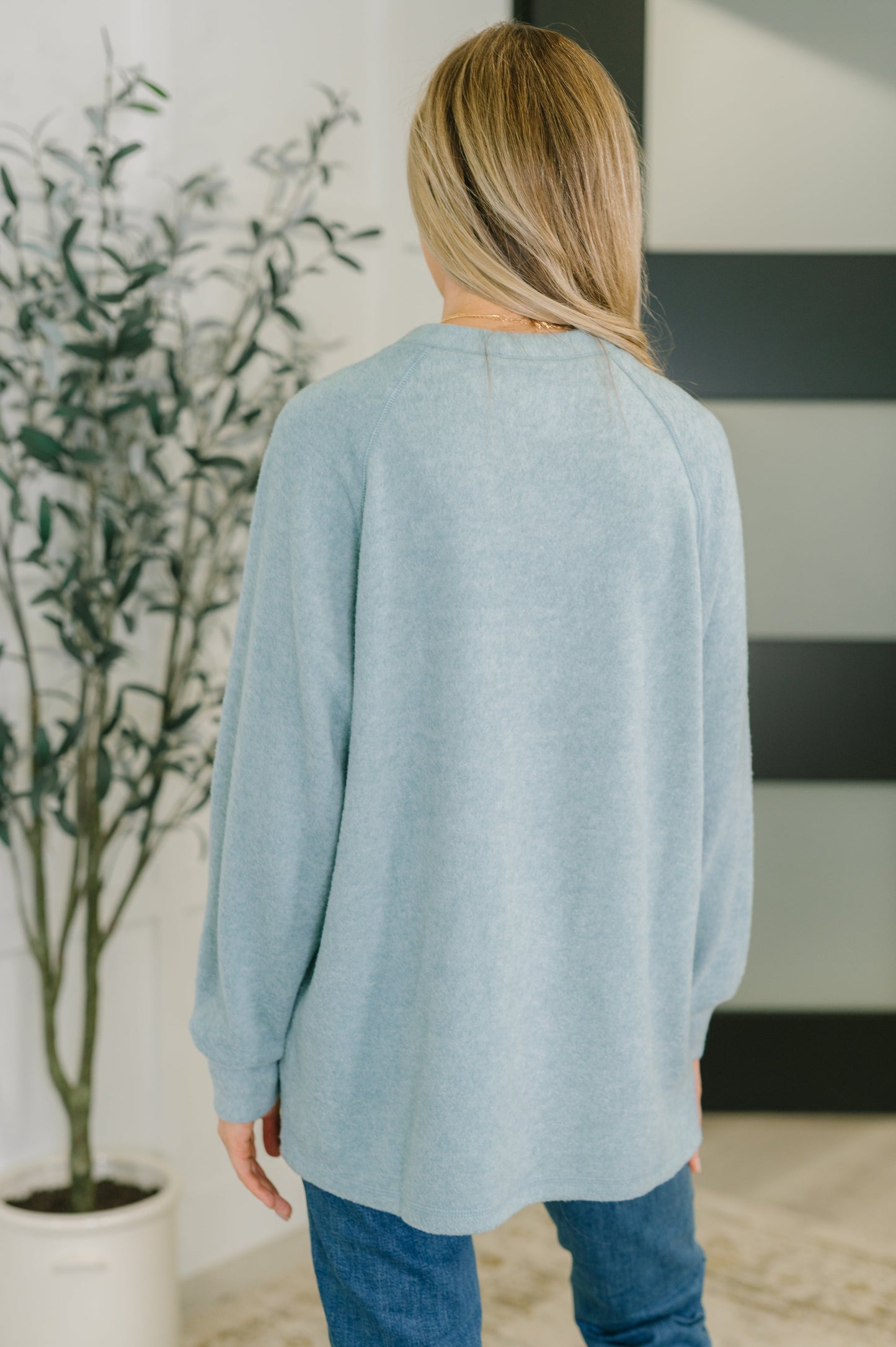 Person wearing a light blue henley sweater in an indoor setting with a plant and wall