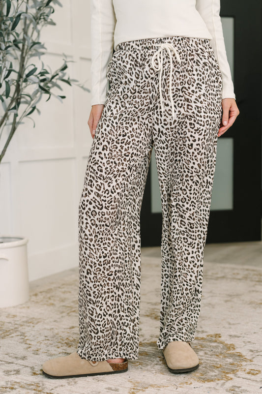 Person wearing leopard print pants in a room with a plant and rug.