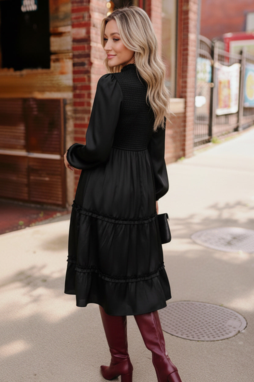 Starlit Elegance Black Long Sleeve Midi Tiered Dress